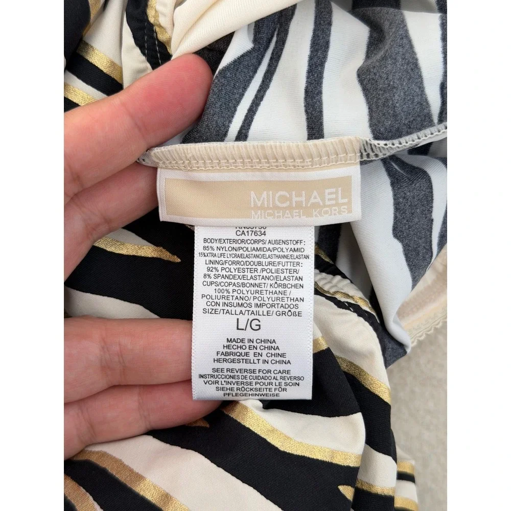 Michael Kors Zebra Metallic Gold Foil Tankini Swim Top Black White Large NEW